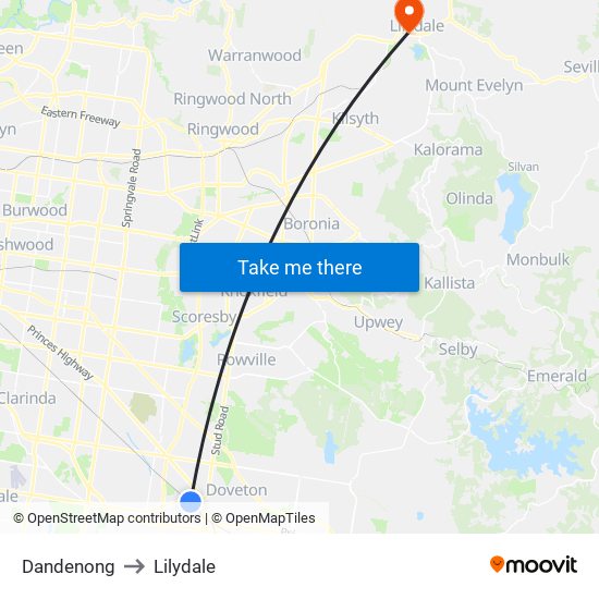 Dandenong to Lilydale map