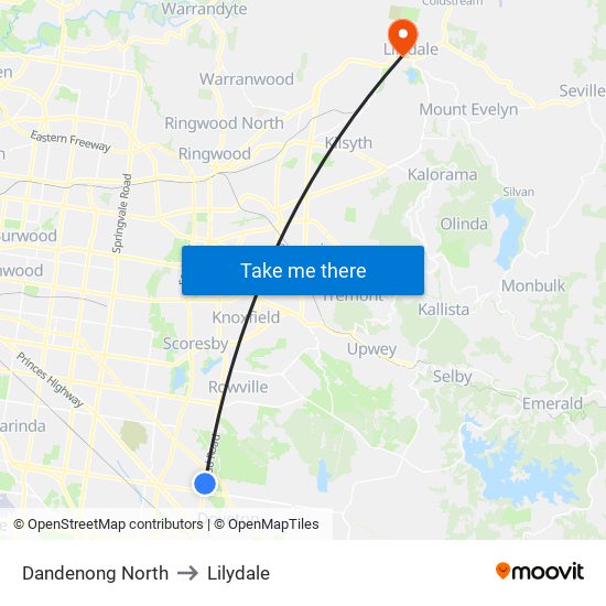 Dandenong North to Lilydale map