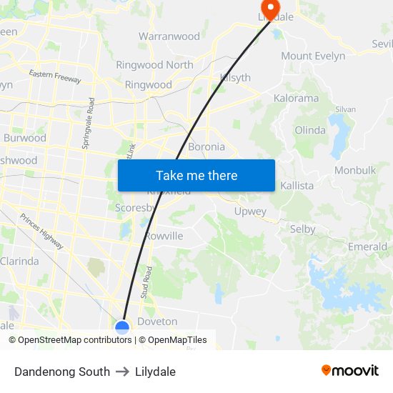 Dandenong South to Lilydale map