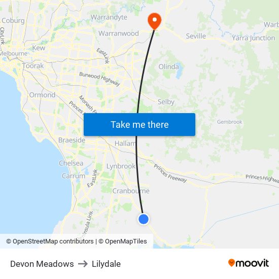 Devon Meadows to Lilydale map