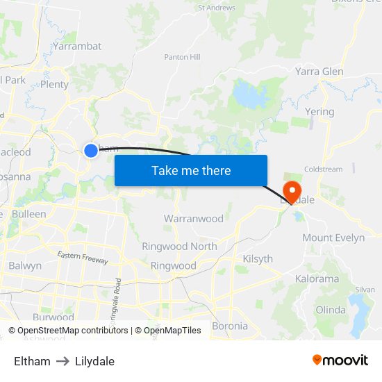 Eltham to Lilydale map