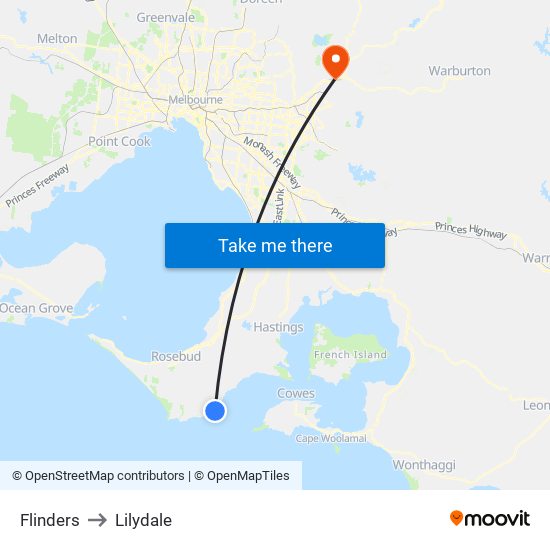 Flinders to Lilydale map