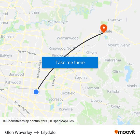 Glen Waverley to Lilydale map