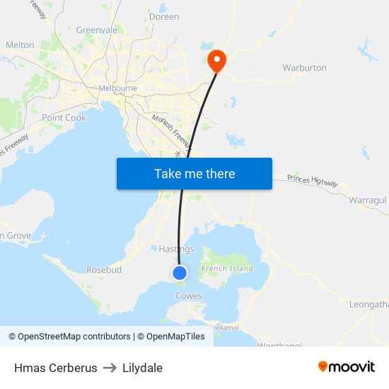 Hmas Cerberus to Lilydale map