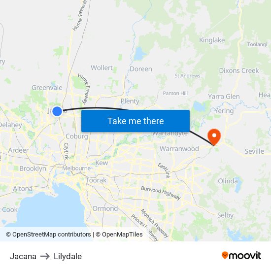 Jacana to Lilydale map