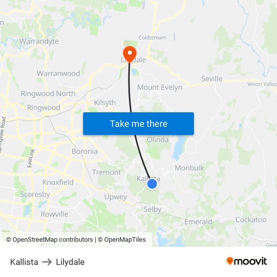 Kallista to Lilydale map