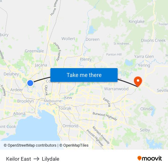 Keilor East to Lilydale map