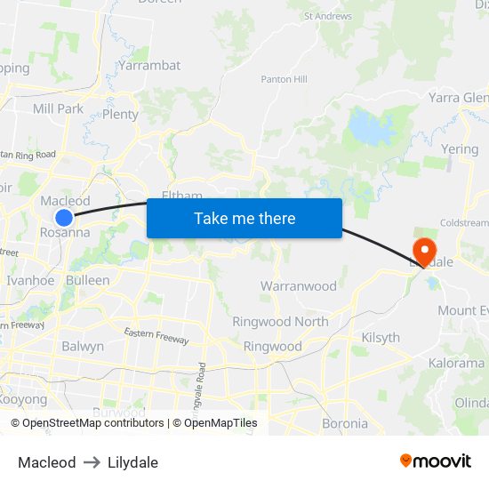 Macleod to Lilydale map