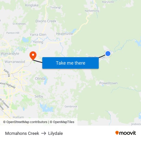 Mcmahons Creek to Lilydale map