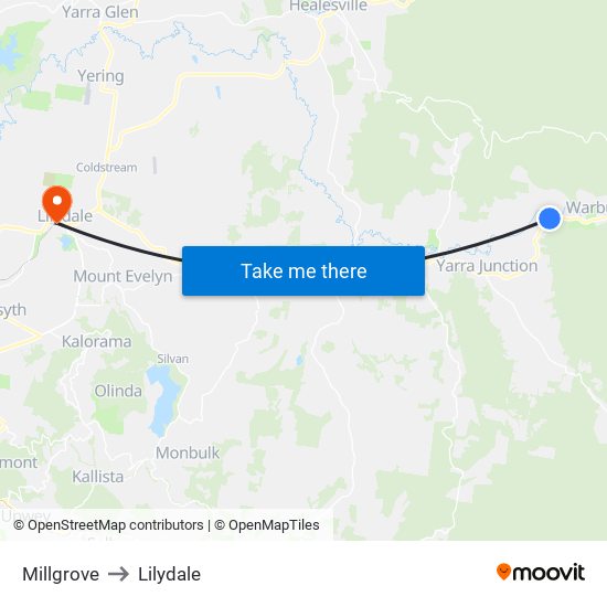 Millgrove to Lilydale map