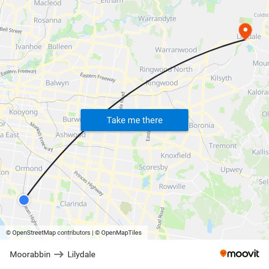 Moorabbin to Lilydale map