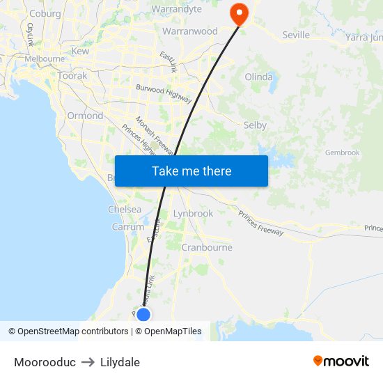 Moorooduc to Lilydale map