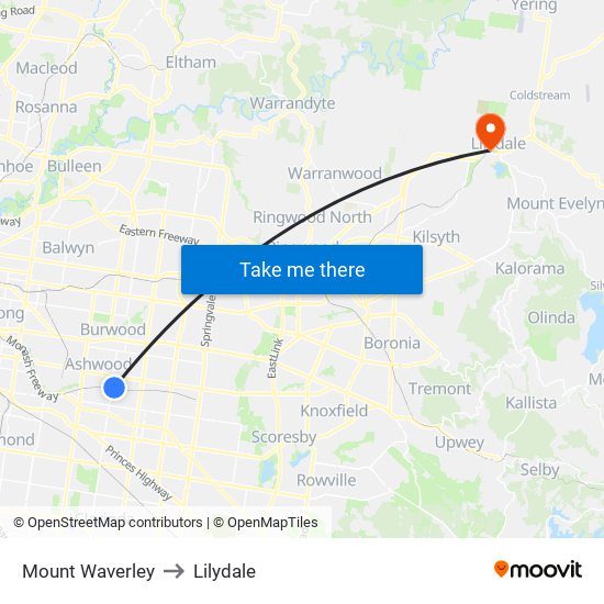 Mount Waverley to Lilydale map