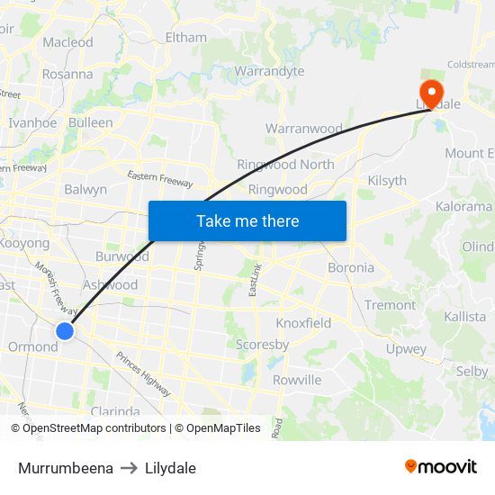 Murrumbeena to Lilydale map