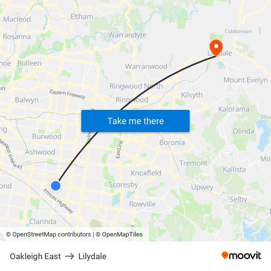 Oakleigh East to Lilydale map