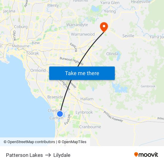 Patterson Lakes to Lilydale map