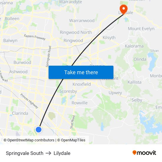 Springvale South to Lilydale map