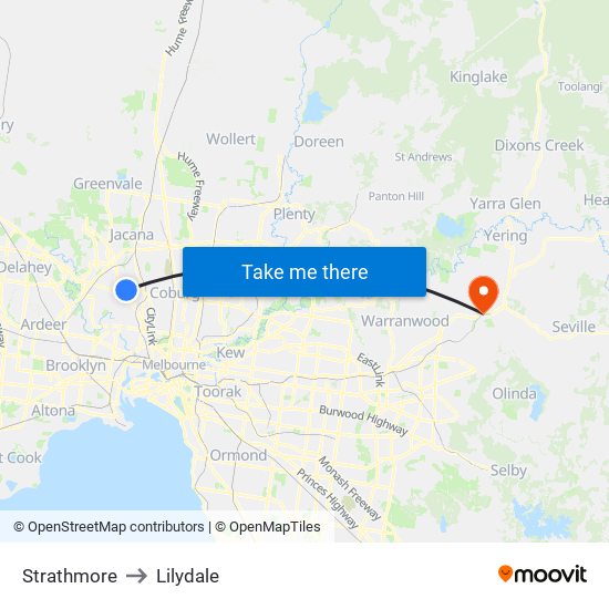 Strathmore to Lilydale map