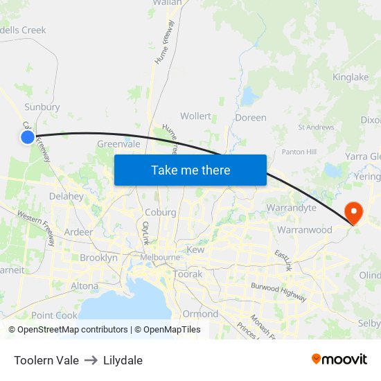 Toolern Vale to Lilydale map