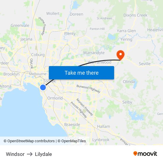 Windsor to Lilydale map