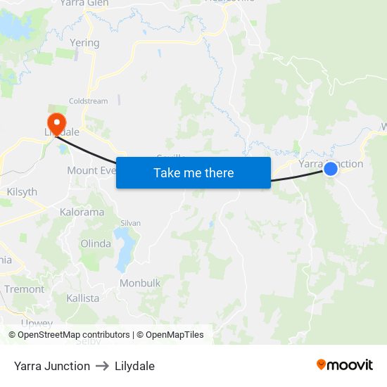 Yarra Junction to Lilydale map