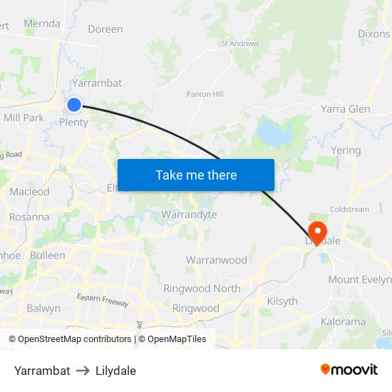 Yarrambat to Lilydale map