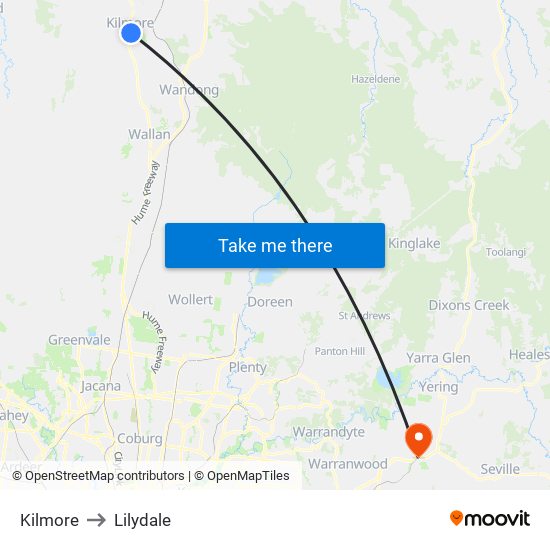 Kilmore to Lilydale map