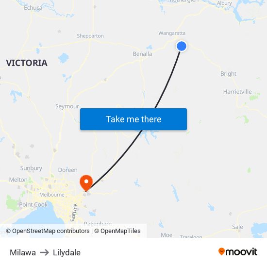 Milawa to Lilydale map