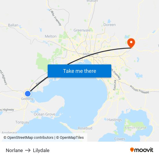 Norlane to Lilydale map
