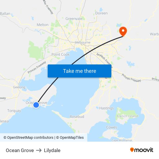 Ocean Grove to Lilydale map