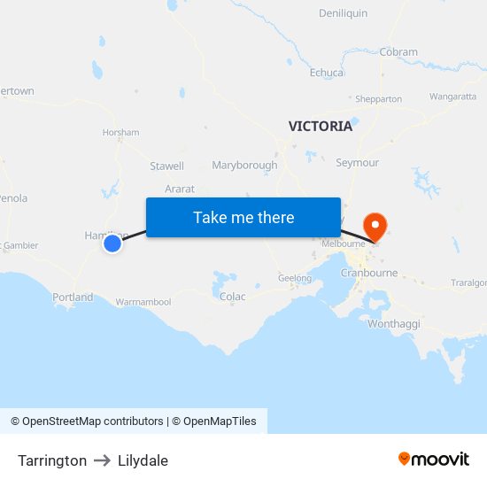 Tarrington to Lilydale map