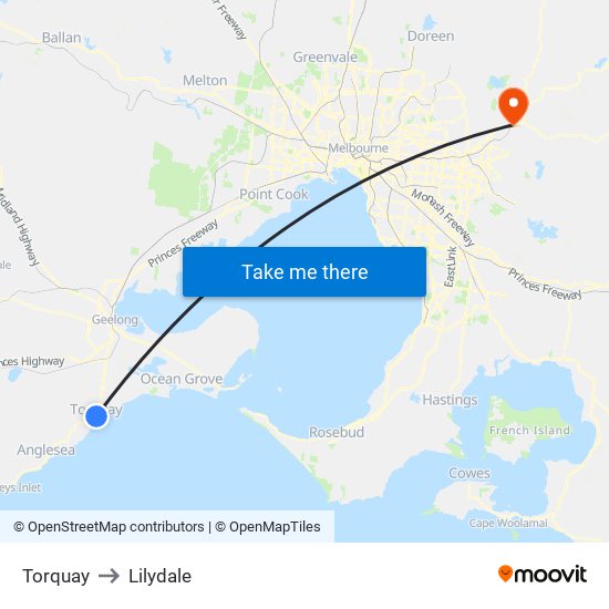 Torquay to Lilydale map