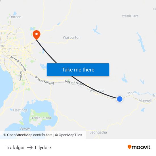 Trafalgar to Lilydale map