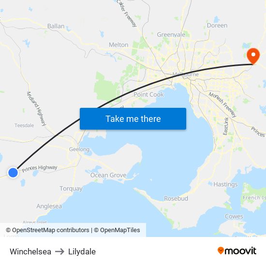 Winchelsea to Lilydale map