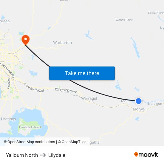 Yallourn North to Lilydale map
