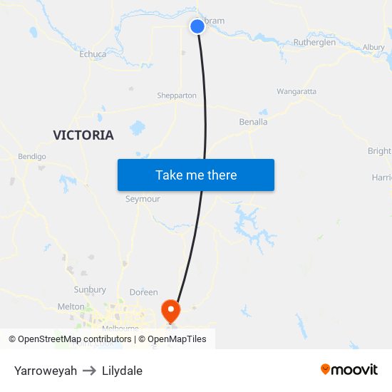 Yarroweyah to Lilydale map