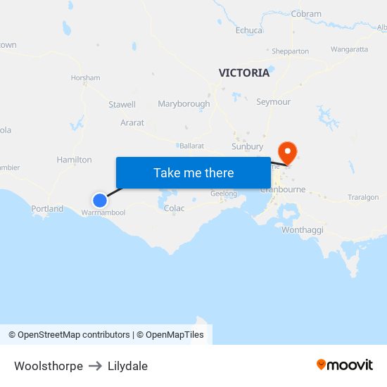 Woolsthorpe to Lilydale map