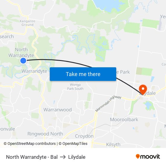North Warrandyte - Bal to Lilydale map