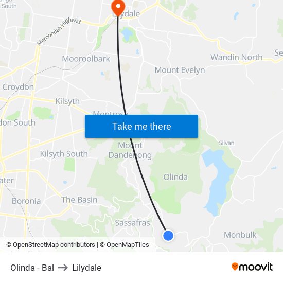 Olinda - Bal to Lilydale map