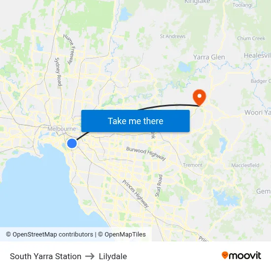 South Yarra Station to Lilydale map