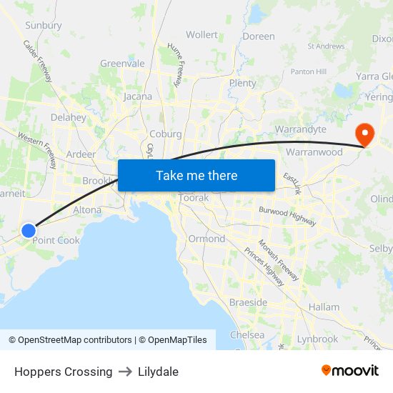 Hoppers Crossing to Lilydale map