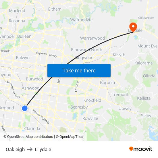 Oakleigh to Lilydale map