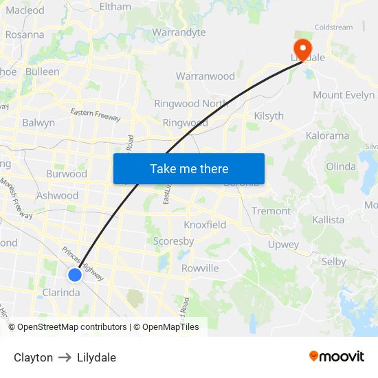 Clayton to Lilydale map