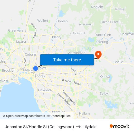 Johnston St/Hoddle St (Collingwood) to Lilydale map