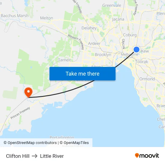 Clifton Hill to Little River map