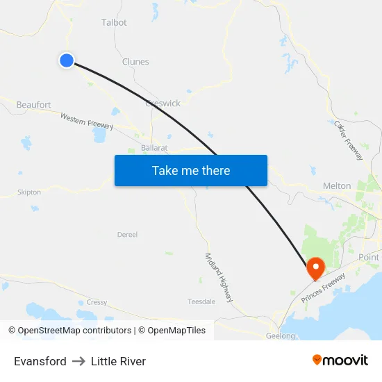 Evansford to Little River map
