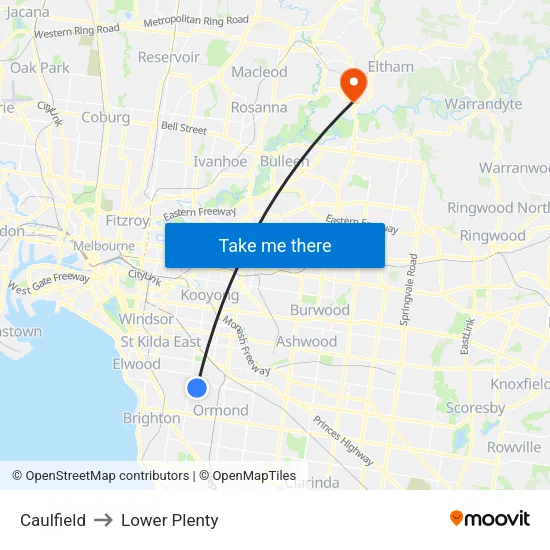 Caulfield to Lower Plenty map
