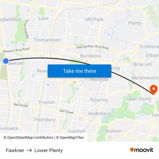 Fawkner to Lower Plenty map