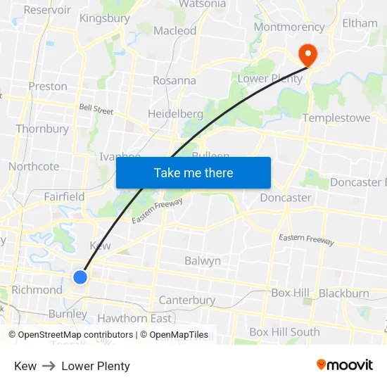 Kew to Lower Plenty map