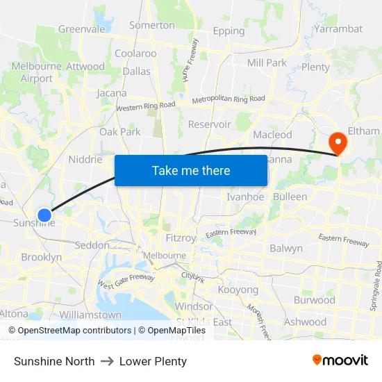 Sunshine North to Lower Plenty map